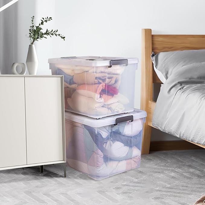 90 Quart 4-Pack Heavy-Duty Stackable Clear Storage Bins with Lids - Premium Clear Plastic Organizing Containers for Home Office Closet &amp Bathroom BPA-Free Secure Latches and Pull Handles