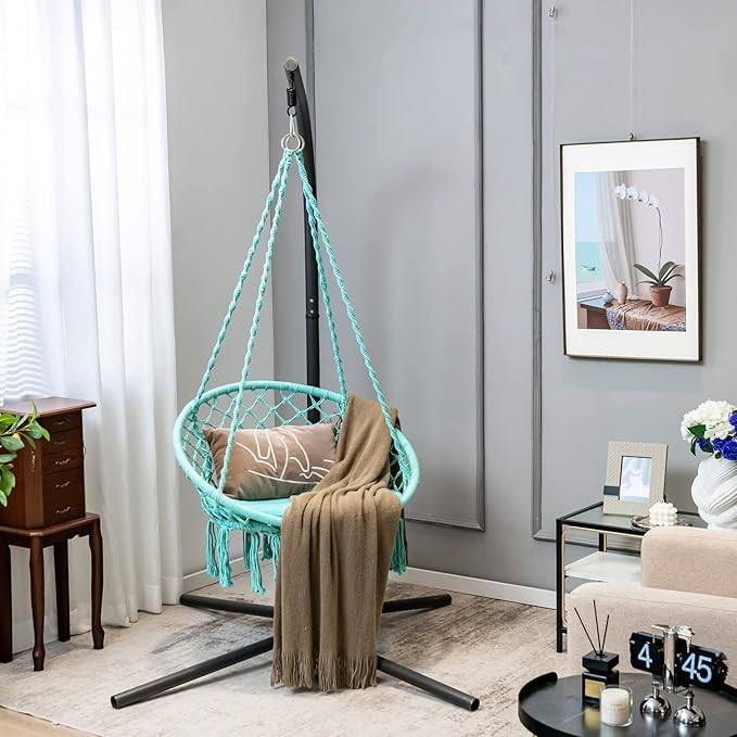 Giantex Hammock Chair Macrame Swing - Hanging with Cushion and Hardware Kit 330 LBS Weight Capacity Indoor for Stand Patio Balcony Living Room (Turquoise) (GT10698-NPTU)