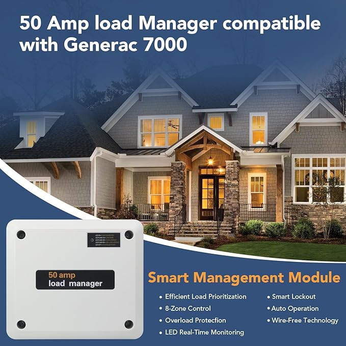 50 Amp Load Manager Compatible with Generac 7000 Smart Management Module with 8-Zone Control Lock-Feature Real-Time LED Monitoring and Wire-Free Technology