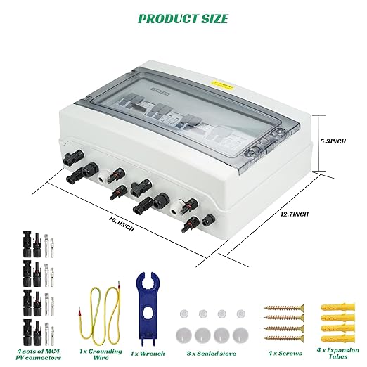 4 in 2 Out Solar Combiner BoxPV Combiner Box with 20A PV FuseDC 40A Circuit Breaker and Surge ProtectorIP65 Solar Disconnect Switch Box for Indoor Outdoor Solar Panel System (4 in 2 Out 20A 500V)