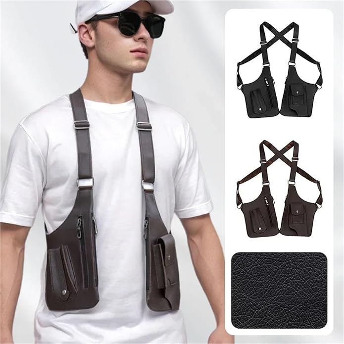 Double Shoulder Armpit Bag for Men 2 PCS Tactical Vest Bag PU Leather Man Chest Phone Pouch Vintage