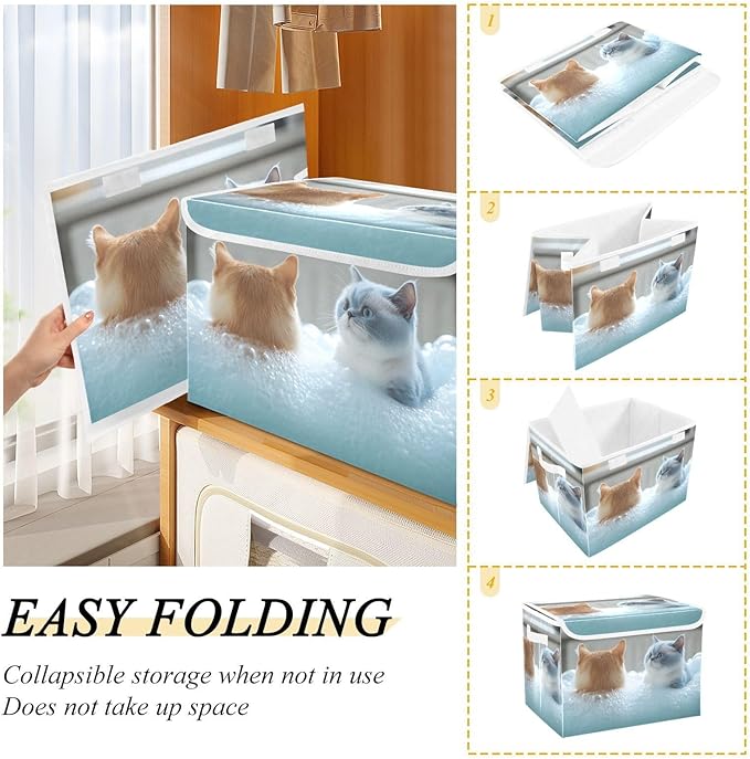 AIXIWAWA Lidded Storage Cube (Showering Cats) Fabric Foldable Closet Bins with Flip Lid and Handles Organizer Basket Container 16.5 x 12.6 x 11.8 IN