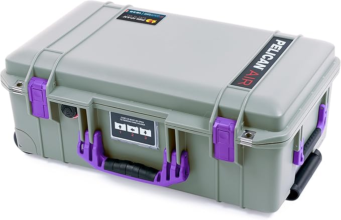 Pelican Air 1535 Carry-On Sage Green - Medium Size Waterproof Case with Grey Padded Divider and Mesh Lid Organizer - Purple Handles &amp Latches