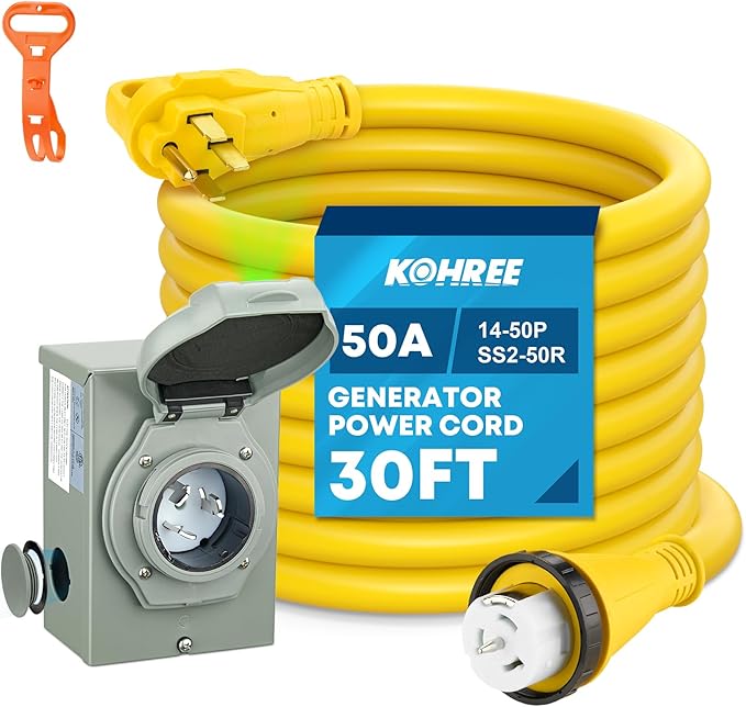 Kohree 50 Amp Generator Cord and Power Inlet Box Kit 30FT NEMA 14-50P to SS2-50R Generator Extension Cord 50Amp Pre-drilled Generator Inlet Box with Cable Waterproof Combo Kit 125/250V ETL Listed