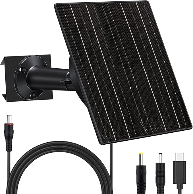 10W Solar Panel with 10400mAh Battery for Security &amp Trail Cameras 5V/12V Adjustable Output USB-C &amp DC Plugs IP66 Waterproof 360° Mount 9.8ft Cable