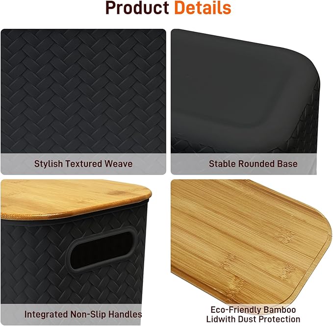 Soddeph 4 Packs Plastic Storage Bins with Bamboo LidsStackable Storage Containers with Lids Storage Baskets for Organizing Desktop Classroom Office (Black)