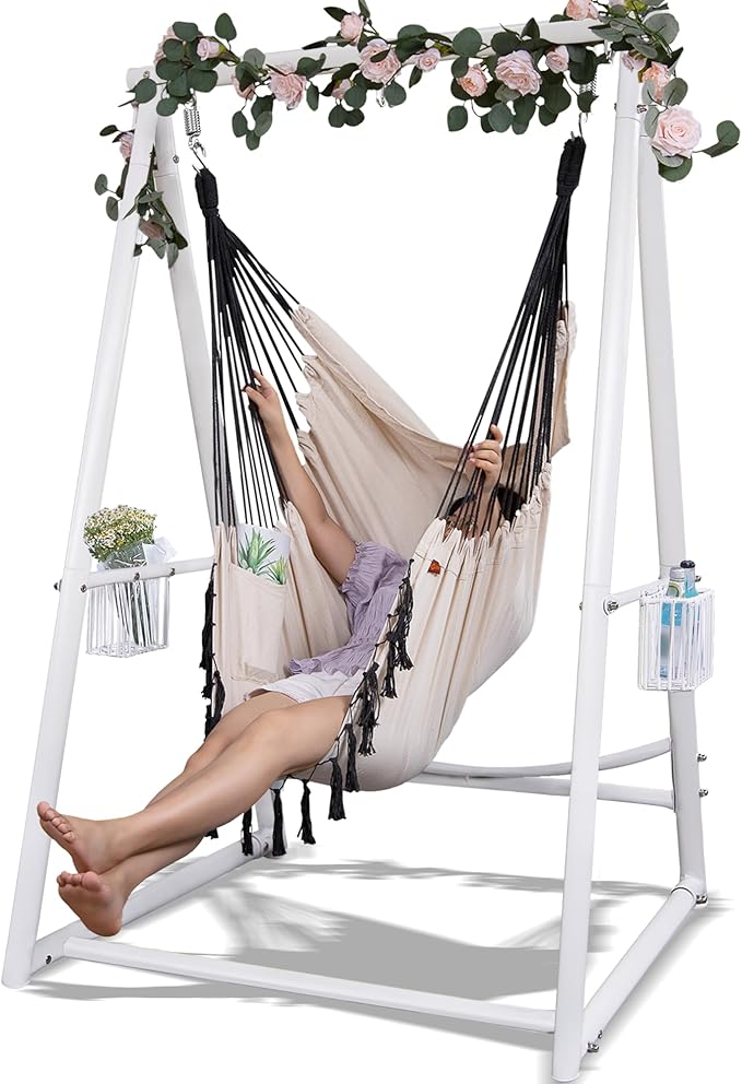 Hammock Chair Hanging Rope Swing &amp Stand Set with Two Holders Heavy Duty Hanging Stand with Three Hooks Multi-Use for Indoor Outdoor Patio Yard Garden(White &amp Khaki)