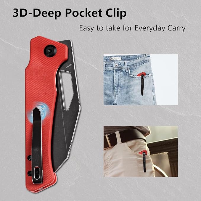 KANSEPT Egress Pocket Knives 8.24in Folding Knife with Black Stonewashed 14C28N Blade Red G10 Handle Pocket Tactical Knife for Men Women Envelope Opener with Thumb hole T1033A5
