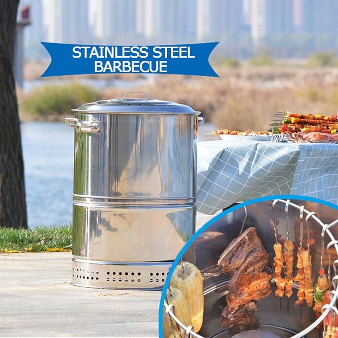 Large Portable Charcoal Grills Stainless Charcoal BBQ Grill Barrel 360° Smokeless Outdoor Barbecue Grill for Travel Outdoor Cooking and BBQ Camping Grill Picnic Patio Backyard
