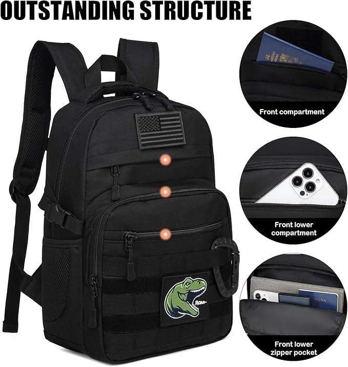 Kids Tactical Backpack Army Molle Bookbag Military Boys Backpack for School Outdoor Camping Black+Black
