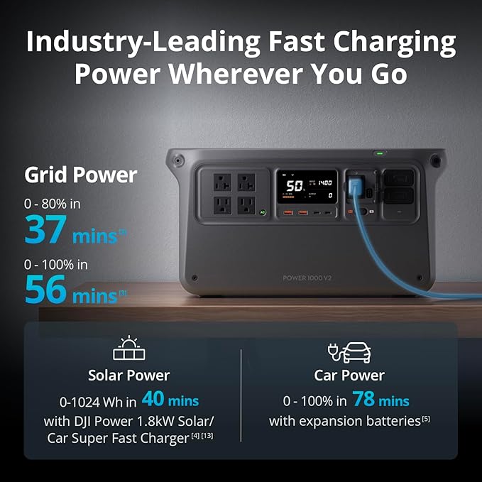 DJI Power 1000 V2 Portable Power Station with Protective Storage Bag 1024Wh LFP Battery Compact Size 2600W Stable Output 0-80% Recharge in 37 Mins Electric Generator for Home Camping Off-Grid