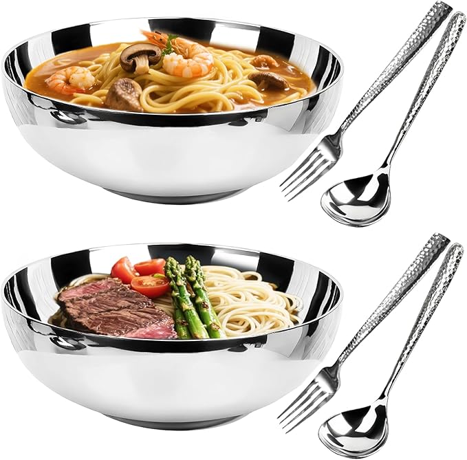 2 Pack 304 Stainless Steel Pasta Bowls 47oz Double Walled Insulated Soup Salad Bowls Unbreakable 8.7 Large Cereal/Ramen/Udon/Noodle/Pho Bowl Plates with 2 Spoons &amp Forks Dishwasher Safe
