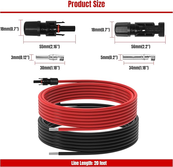 20Ft 10AWG Solar Panel Extension Cable 10 AWG Solar Extension Cable 10 Gauge 20 Feet Solar Wire with Solar Panel Female Male Waterproof Connectors for RV Boat Home (10 AWG-20Ft)