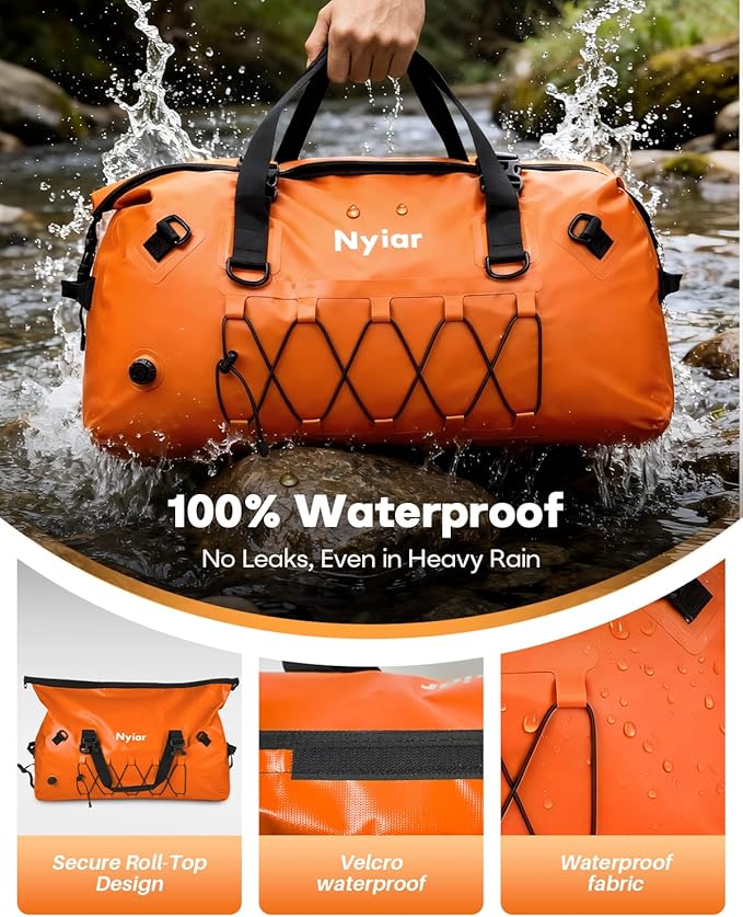 60L Waterproof Duffel Bag Motorcycle Dry Bag Backpack Heavy-Duty Roll-Top Waterproof Bag with Sealed Seams &amp Waterproof Zipper for Riding Kayaking Camping &amp Travel (Orange)
