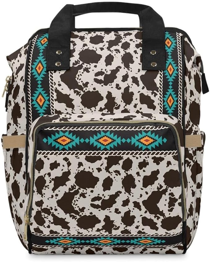 Cowhide Aztec Diaper Backpack/Cow Print Travel bag/Southwestern Shoulder bag/Cowgirl Bag/Aztec Western Longhorn Bookbag/Western Carry On