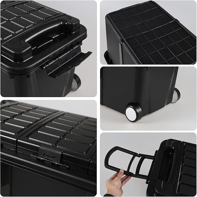 Sadstory 20 Gallon Plastic Wheeled Industrial Storage Tote Heavy-Duty Industrial Storage Toolbox with Compartment 2 Pakcs Black