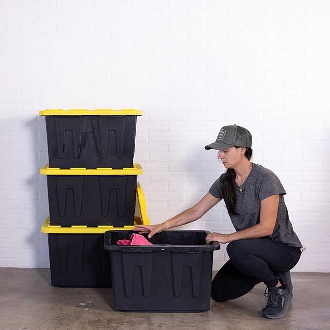 Plastic 23-Gallon Storage Tote with Lockable Lid Stackable Tough Regular-Duty Bin for Garage Tools and Home Organization (2-Pack) - Black and Yellow