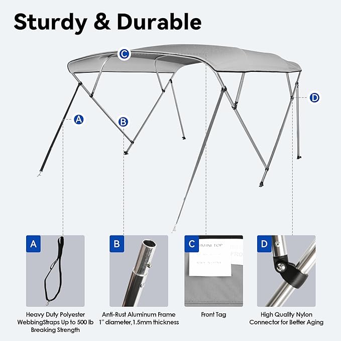 Deckpro 3 Bow / 4 Bow Bimini Tops for Boats 600D Marine Grade Fabric Boat Canopy Cover Waterproof &amp Durable with Straps Mounting Hardware &amp Storage Boot Boat Accessories