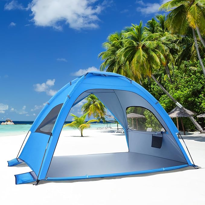 BESTonZON Foldable Beach Tent – Instant Pop-Up Sun Shelter with UPF 50+ UV Protection Lightweight Portable for Beach Camping Backyard Includes Carry Bag Stakes Windproof Anchors