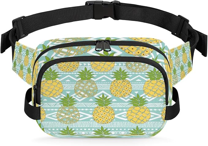 Hand Painted Cute Pineapple Waterproof Fanny Pack for Women Men Adjustable Waist Bag with Double Zipper Pockets Lightweight Square Hip Pack for Running Travel Hiking Workout Cycling