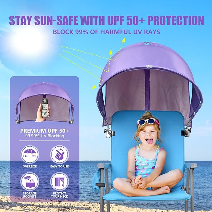 XL Universal Chair Canopy Umbrella UPF 50+ Foldable Sun Shade Attachment with Adjustable Clamp Fits Most Brands’ Beach Camping Lawn Tanning Zero Gravity Lounge &amp Fishing Chairs