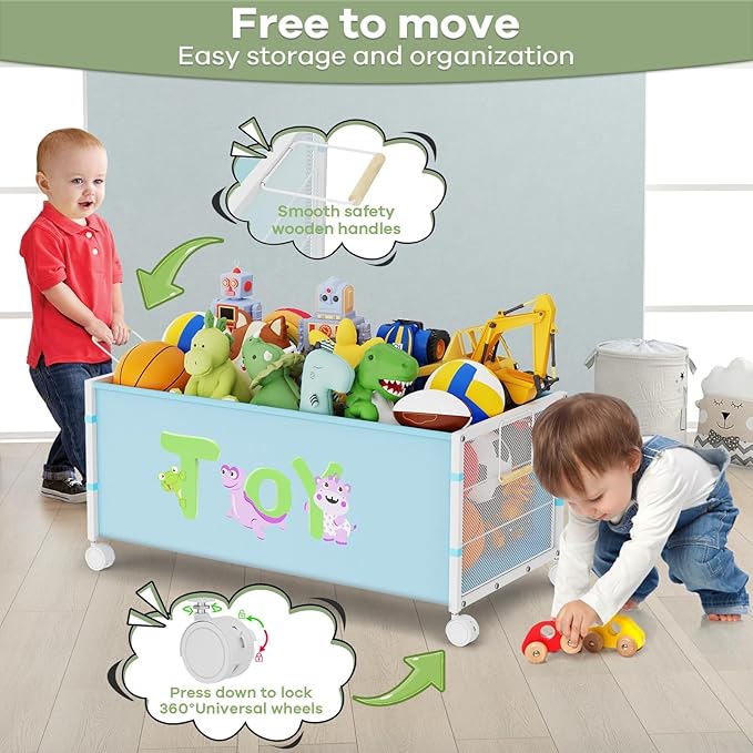 Large Toy Box with Wheels 120L Toy Boxes for Extra Large Metal &amp Oxford Cloth Toy Chest Toy Organizer with Wooden Handle for Bedroom Living Room Area Stuffed Toys Clothes(Blue 1PC)