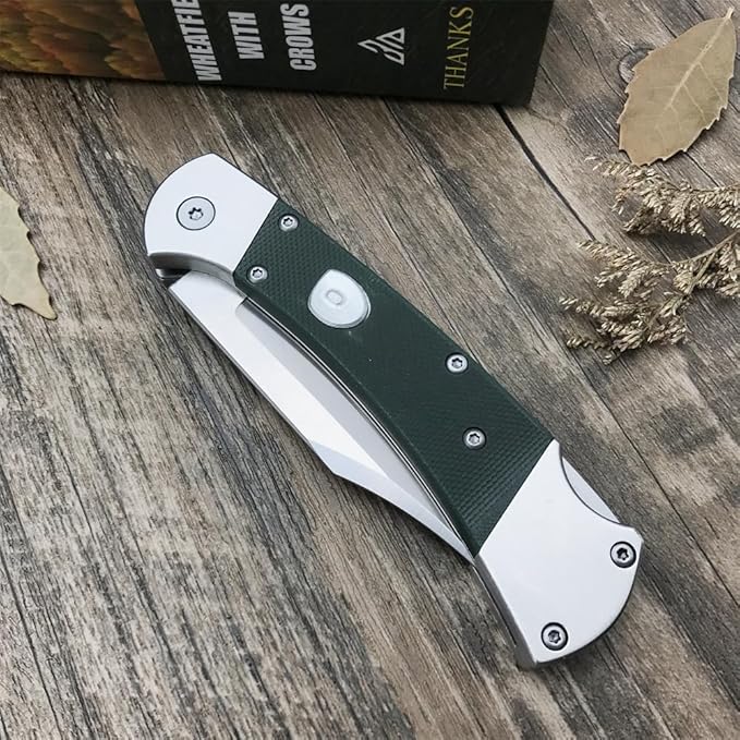 push button assisted opening Folding Knife440C Stainless Steel Blade Backlock G10 Handle with Leather Sheath EDC Pocket Knives for Men (Green)