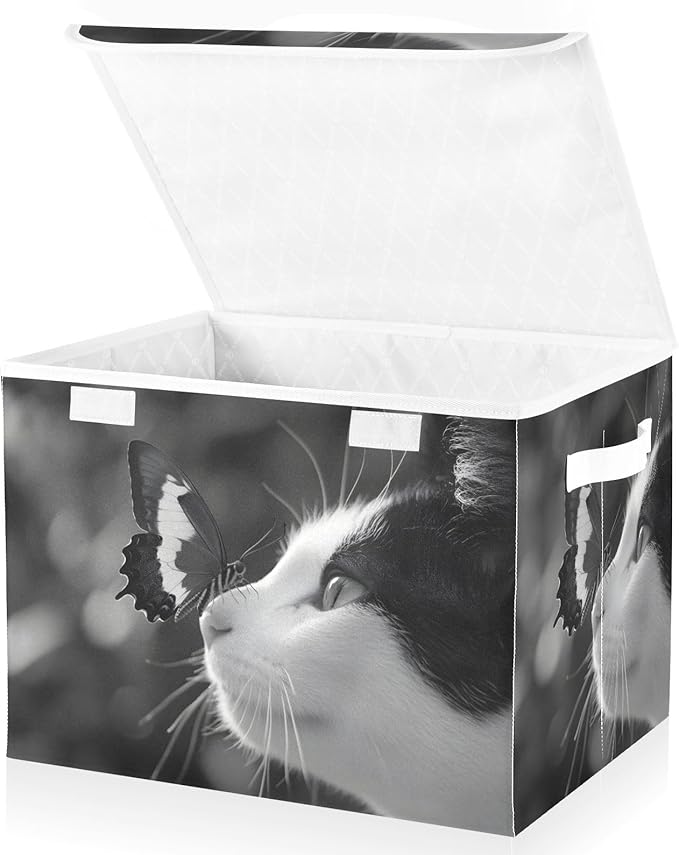 Storage Cube with Lid Cat with Butterfly Print 16.5×12.6×11.8 IN Collapsible Large Capacity Foldable Storage Basket Bin Organizer