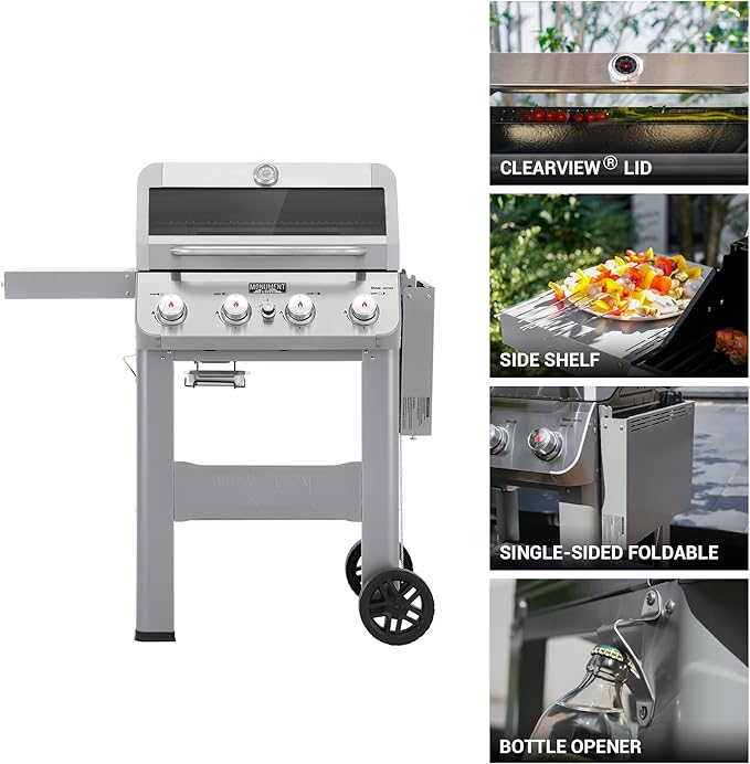 Monument Grills 4-Burner Liquid Propane Gas Grill Silver Stainless Steel Grill Patio Garden Barbecue Grill with Clearview® Lid and One Foldable Shelf Mesa400MF with BBQ Cover
