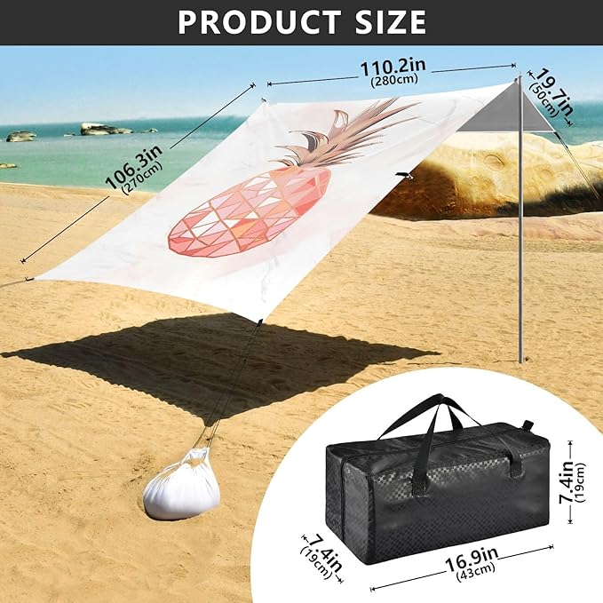 ALAZA Rose Gold Pineapple Marble Beach Tent Sun Shelter UPF50+ Protection Beach Shade Canopy w/ 4 Sandbags for Outdoor Camping Fishing Backyard Fun Picnic 10x9 ft