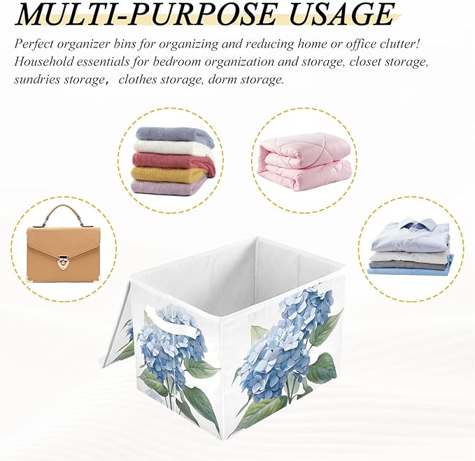ALAZA Storage Bins Organizer Box Baskets Lidded Clothes for Shelves Closet Hydrangea Flower Blue Collapsible Stackable Storage Cubes Handles