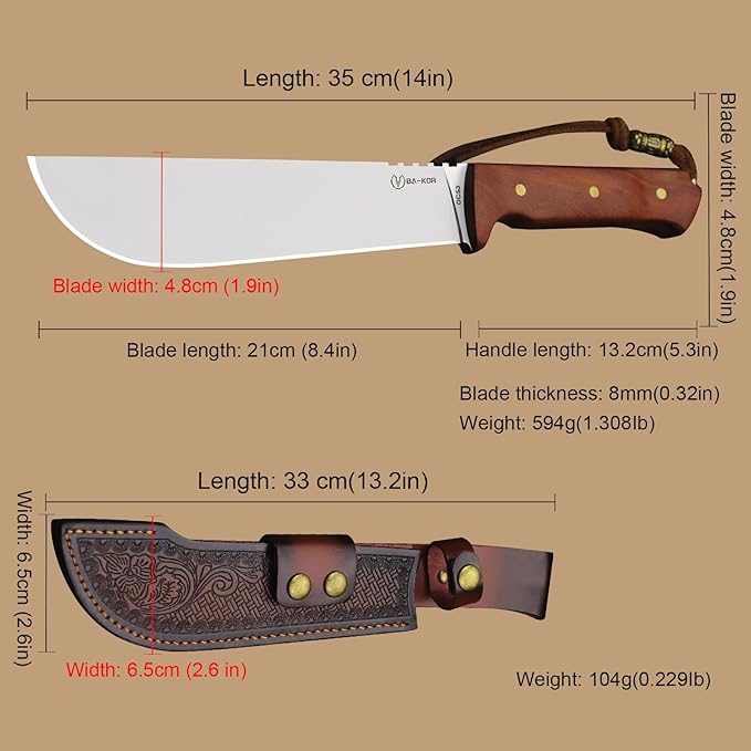 BA-KOR USA 8mmDC53 steel 35CM (14 ) full Tang fixed knife with leather sheath and (5.9 ) ceria ignition head suitable for outdoor hunting camping clearing adventure fishing EDC BBQ (BA-K0a(8m