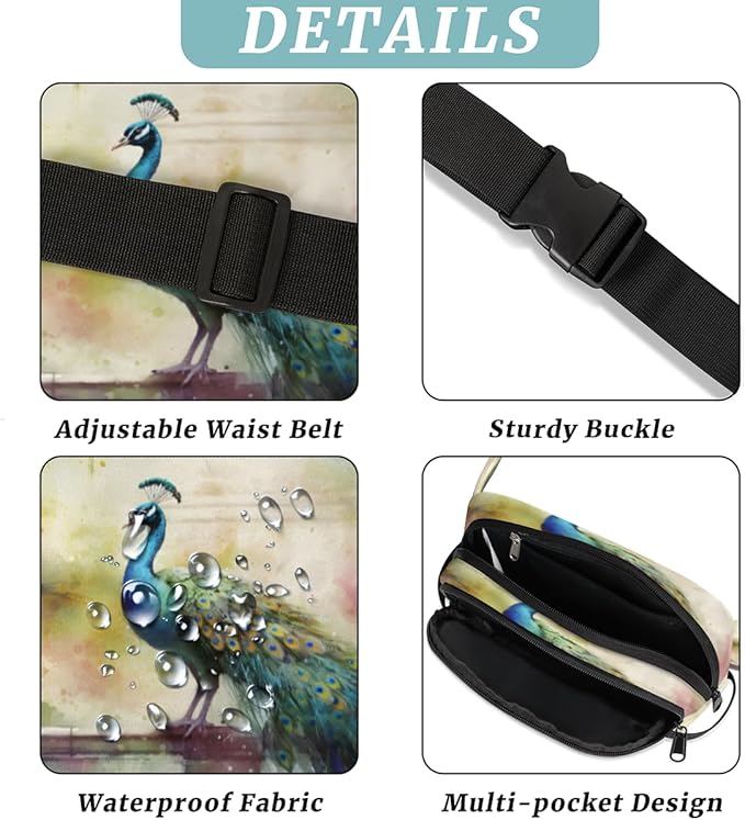 Elegant Watercolor Peacock Waterproof Fanny Pack for Women Men Adjustable Waist Bag with Double Zipper Pockets Lightweight Square Hip Pack for Running Travel Hiking Workout Cycling