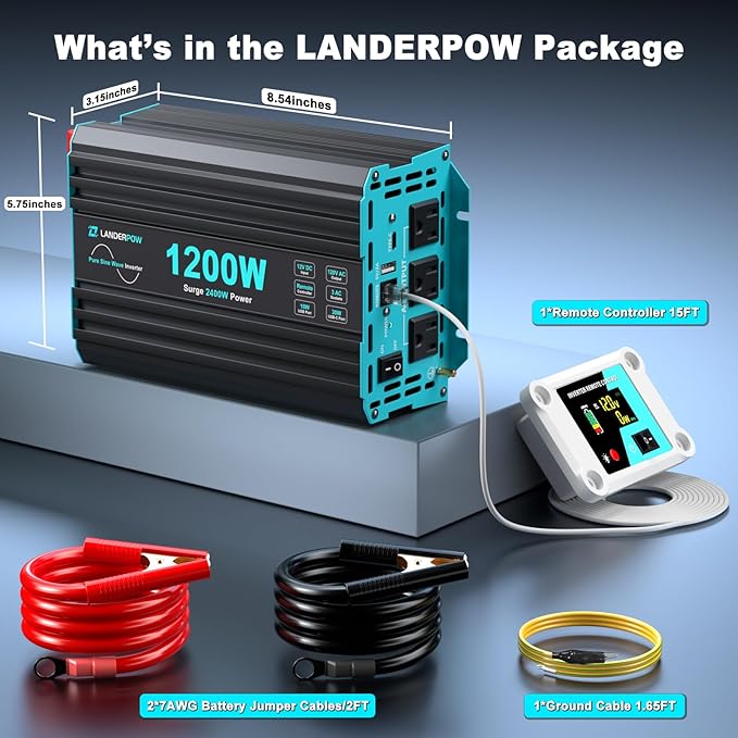 1200 Watt Pure Sine Wave Inverter Power Inverter for Car Camping Solar RV Truck Home 12V DC to 120V AC Inverters with 3 AC Outlet 30W USB-C 5V 3.1A USB Remote Control Surge 2400W