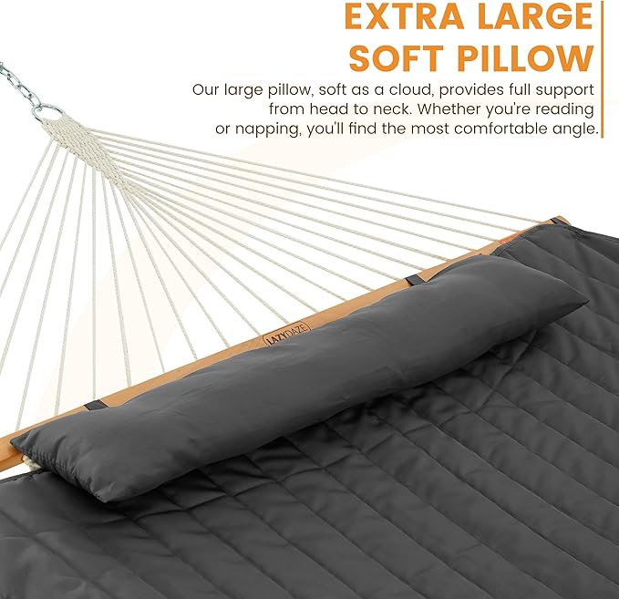 Lazy Daze Hammocks 2 Person Portable Hammock with 12FT Stand Double Hand Woven Cotton Rope Hammock with Detachable Quilted Pad &amp Pillow for Outside 450lb Capacity Grey