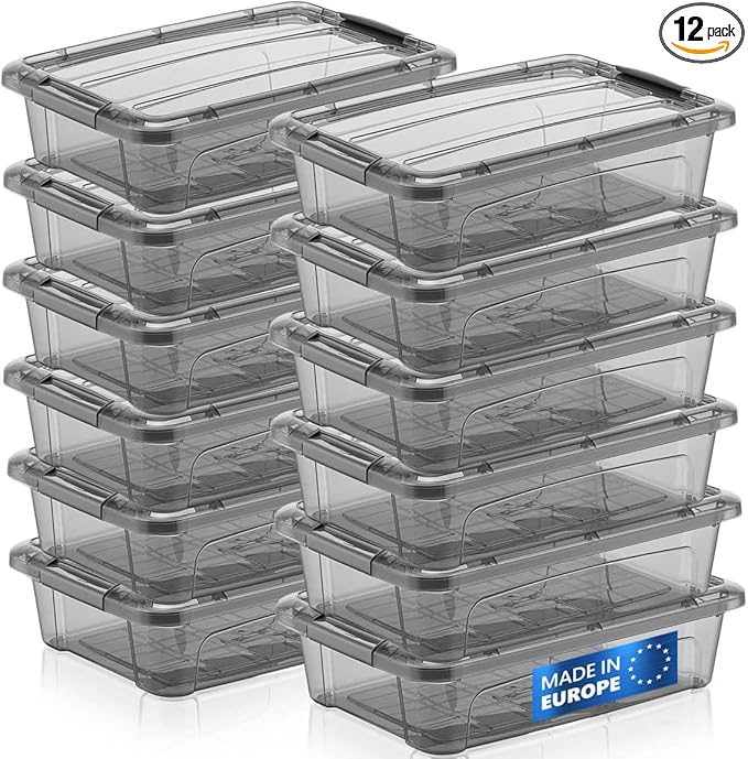 Tribello 12 Pack - 3 Quart Small Storage Container Bin With Lids Plastic Storage Container With Latching Lids For Organizing - Tinted - (8' x 6 x 3) - Made in EU