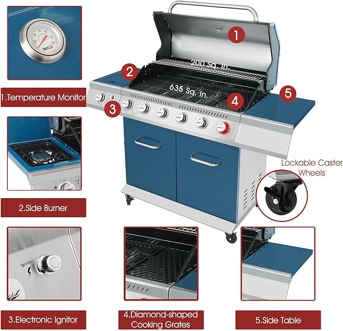 Royal Gourmet GA6402B 6 Burner Propane Gas Grill with Side Burner and Warming Rack 74000 BTUs Cabinet Style Gas BBQ Grill for Barbecue Grilling &amp Backyard Cooking Blue