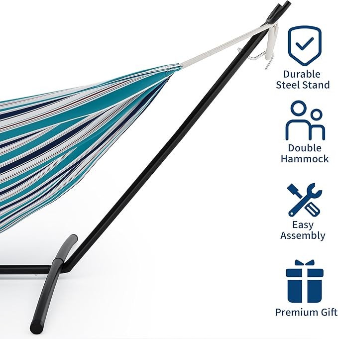GAOMON Double Hammock with Steel Stand for Outside Portable Space Saving for Indoor Outdoor Patio w/Carrying Bag 450 lbs Capacity - Ocean Stripes