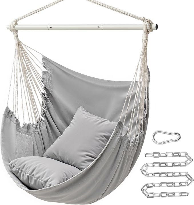 SONGMICS Hammock Chair Load Capacity 500 lb Hanging Chair with 2 Cushions Large Hammock Swing with Chain and Pocket for Indoor Outdoor Living Room Bedroom Dove Gray UGDC197G01