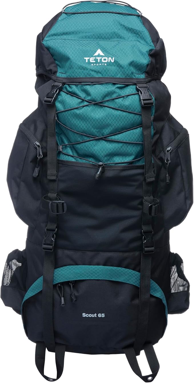 Teton 65L Scout Internal Frame Backpack for Hiking Camping Backpacking Travel Rain Cover Included Pacific