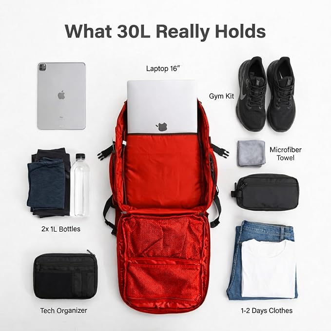 riderbag Xtreme 30L Tactical Carry-On Backpack for Airplanes Work Gym and Team Sports with 16 Inch Laptop Sleeve Stick Holder Recycled rPET Fabric Rain Cover (red)