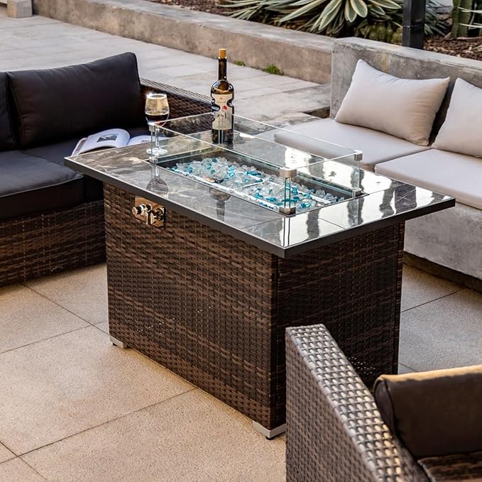 44in Outdoor Propane Gas Fire Pit Table 50000 BTU Auto-Ignition Gas Firepit with Glass Wind Guard Marble Tile Tabletop Mixed Color Glass Rocks Brown PE Rattan
