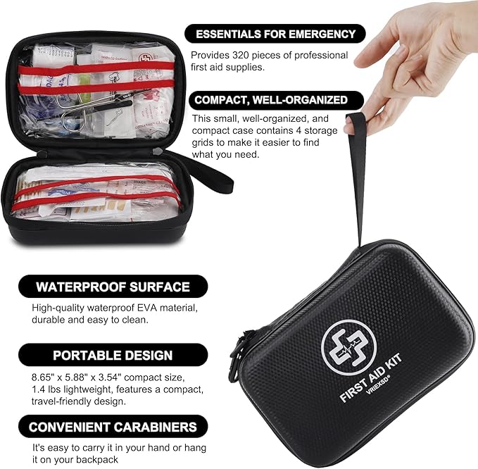 VRIEXSD Premium First Aid Kit 320 Piece Waterproof Hard Shell Eva First Aid Kit for Home Camping Cars Hiking Travel Businesses &amp Outdoor Emergencies - Emergency Medical Kits (Black)