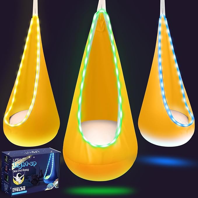 Light Up Kids Pod Swing Seat Kids Hanging Hammock Swing with LED Lights Sensory Pod Swing Chair with Inflatable Pillow &amp All Accessories Pod Swing for Kids Indoor &amp Outdoor (Yellow)