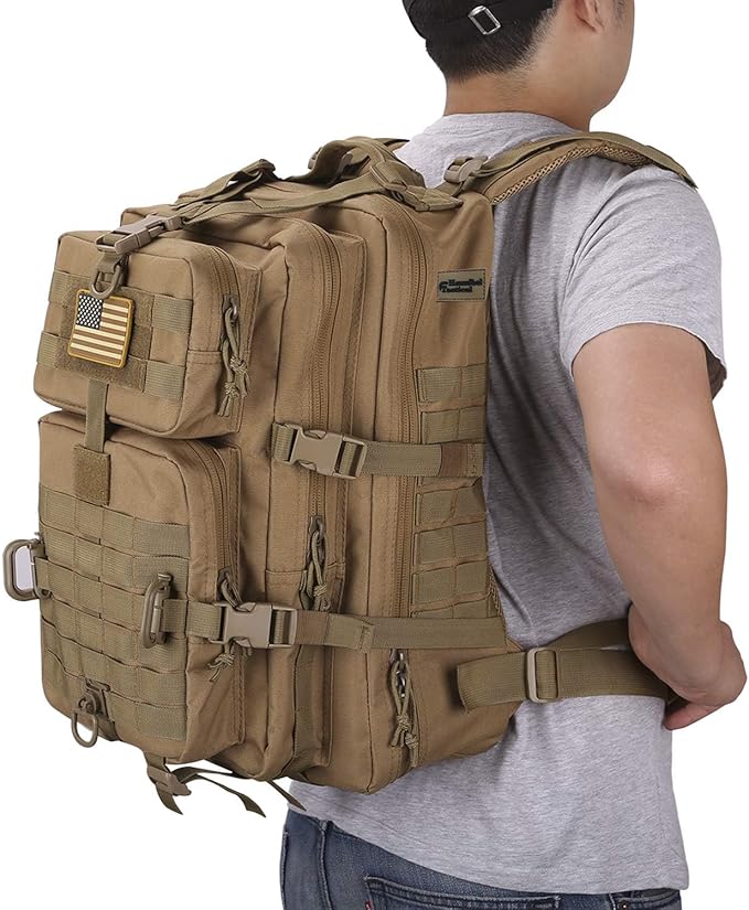 Hannibal Tactical MOLLE Assault Pack Tactical Backpack Military Army Camping Rucksack 3-Day Pack Trip w/USA Flag Patch D-Rings Coyote