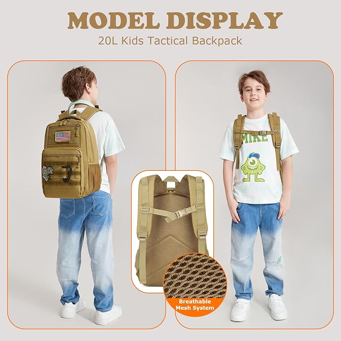 Kids tactical Backpack for Boys School Bag 20L mini Children Backpack for Outdoor Camping Travel (Brown)