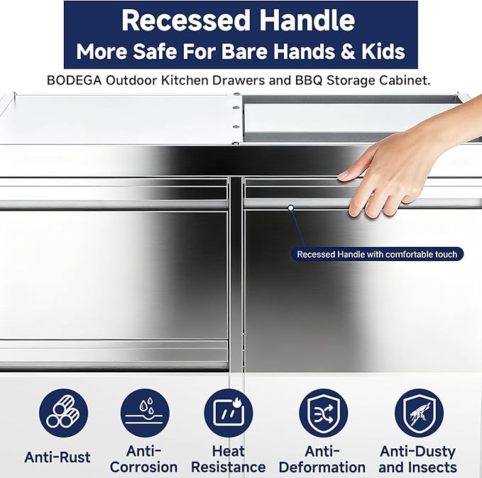 BODEGA Stainless Steel Outdoor Kitchen Drawer Cabinet for Built-in BBQ Grill with 2 Drawers and Propane Tank StorageOutdoor kitchen storage perfect for Outdoor Kitchen BBQ Island.For all weather use.