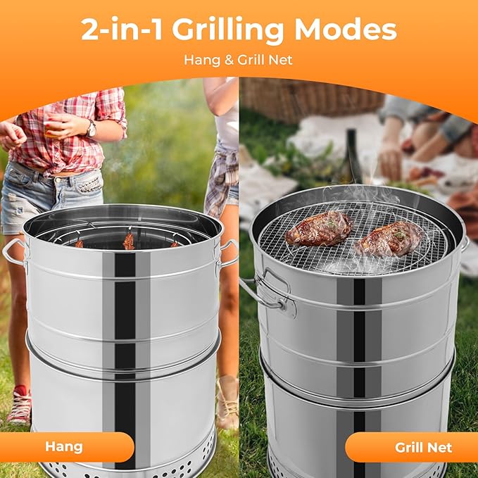 2-in-1 Vertical Smoker Barrel Grill Portable Charcoal BBQ 360° Smokeless Stainless Steel BBQ Grill Barrel for Outdoor Barbecue Camping And Backyard Cooking (Large-50 Skewers)