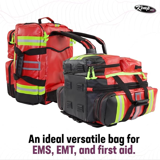 Kemp USA Heavy-Duty EMT Bag Made with Fluid-Resistant Tarpaulin Material - Emergency Survival Kit with Room for D O2 Tank - Medical Backpack with Multiple Handles (Tarpaulin Fabric Red)
