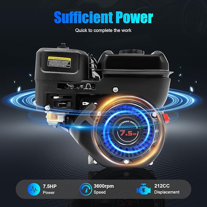 7.5HP 4-Stroke Engine 210CC Go Kart Engine 25° Inclined Single Cylinder 3600 RPM Horizontal Shaft Gas Engine 0.78 Inch Shaft Diameter with Float Carburetor 12.32 x 14.25 x 12.99 Inch